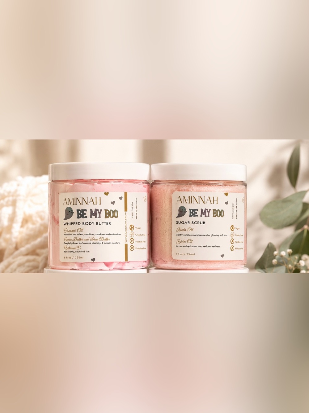 AMINNAH Be My Boo Body Care Set |
Whipped Body Butter & Sugar Scrub
| Sealed